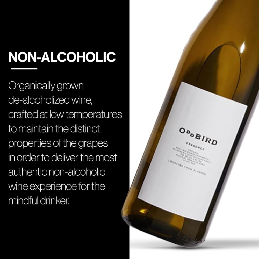 Close-up of Oddbird Presence White Wine bottle highlighting non-alcoholic organic wine benefits