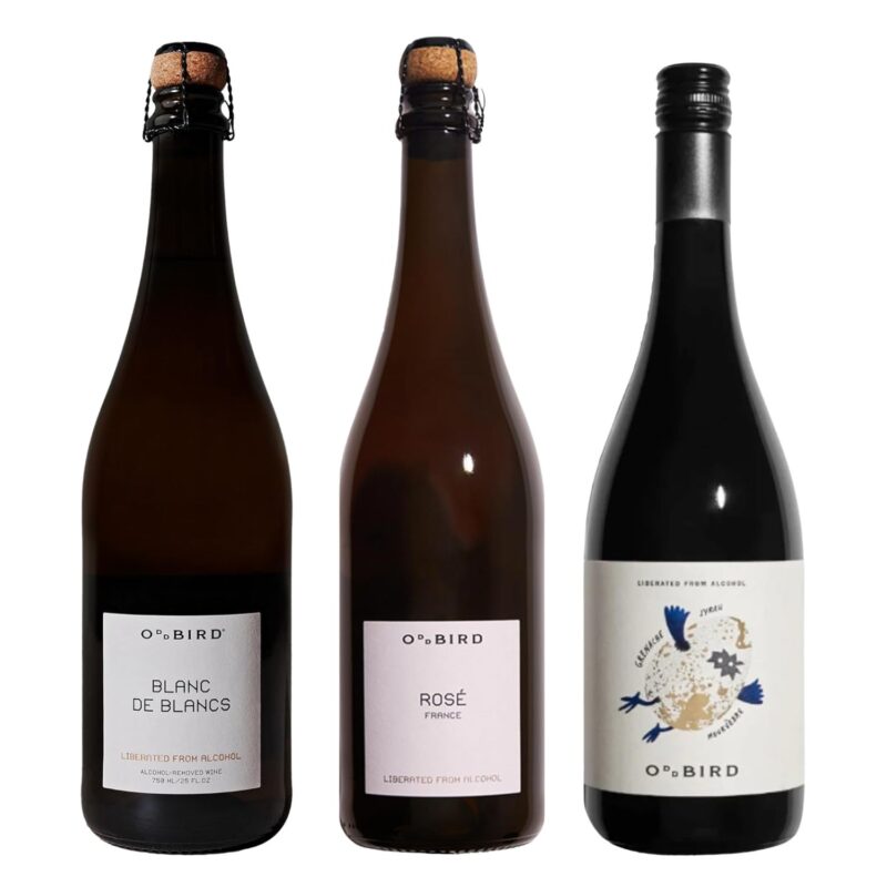 Three-bottle set of Oddbird non-alcoholic wines featuring Blanc de Blancs, Sparkling Rosé, and GSM red blend.