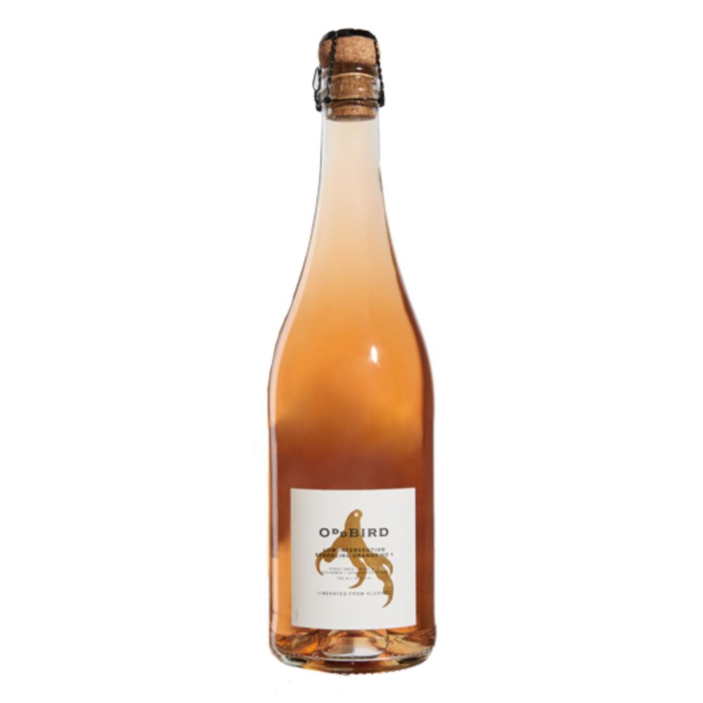 Oddbird Sparkling Orange wine bottle with cork cap against white background