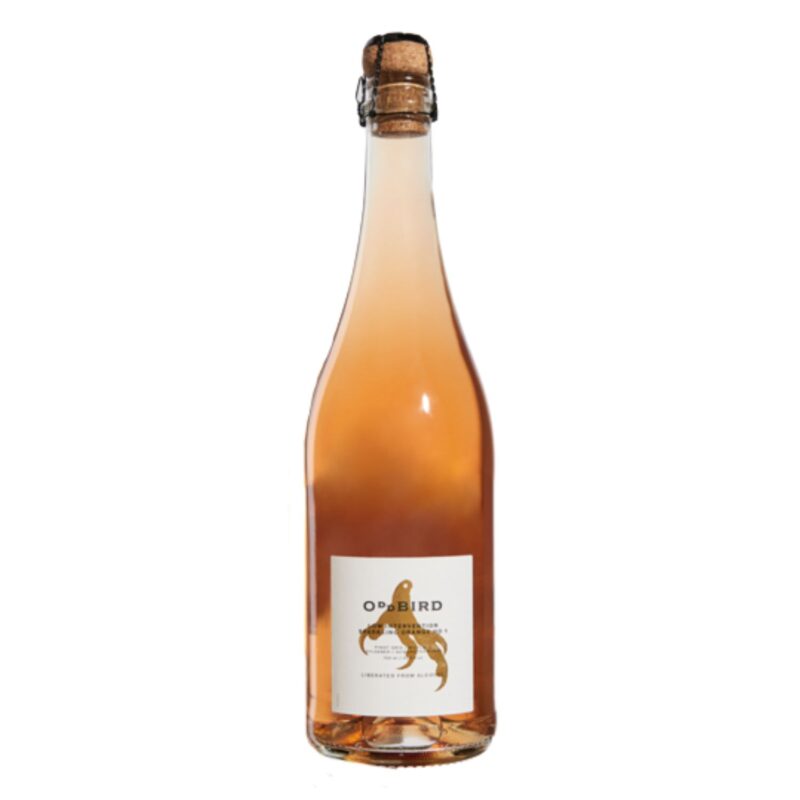Oddbird Sparkling Orange wine bottle with cork cap against white background