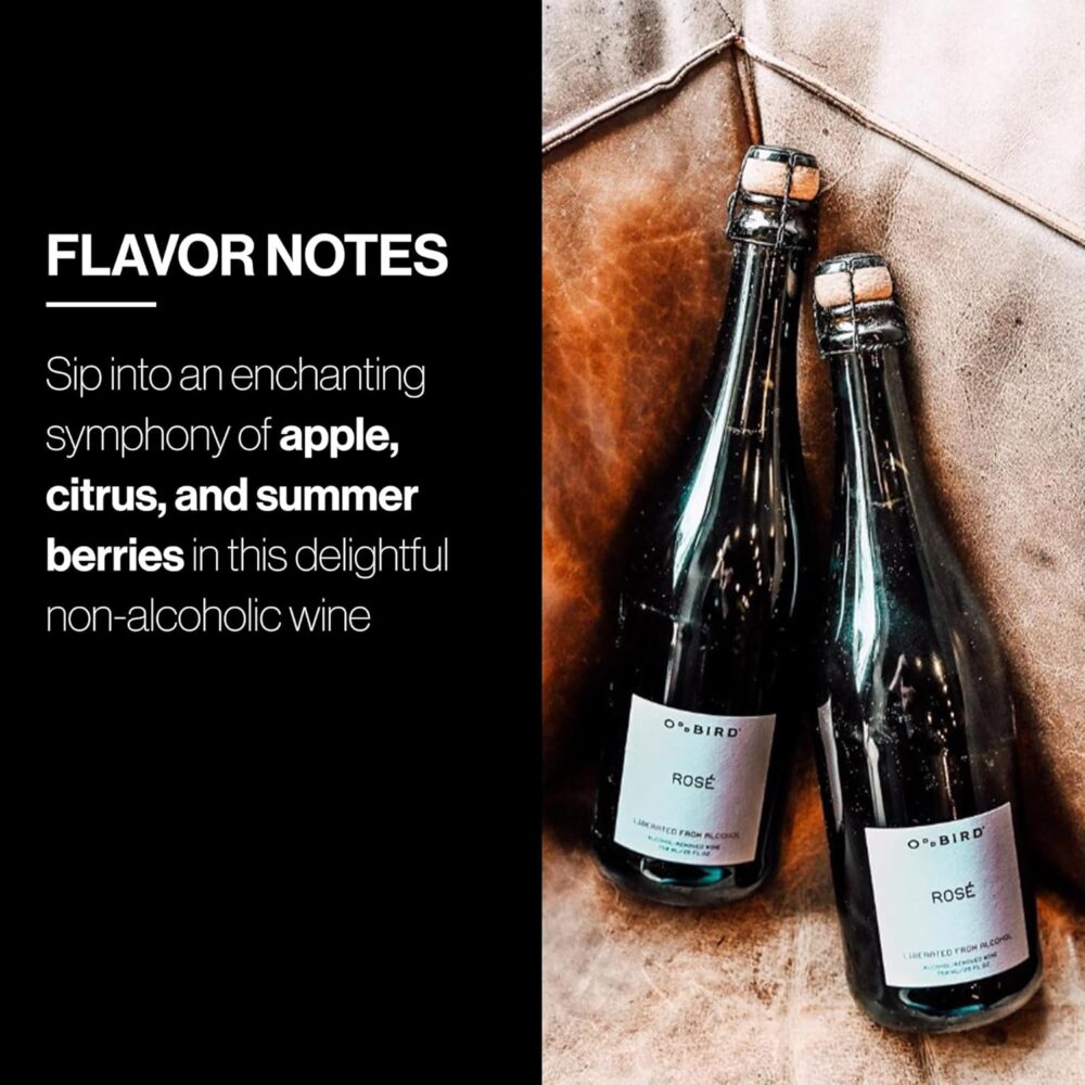 Two bottles of Oddbird Rosé resting on a leather surface with text describing its flavor: apple, citrus, and summer berries.