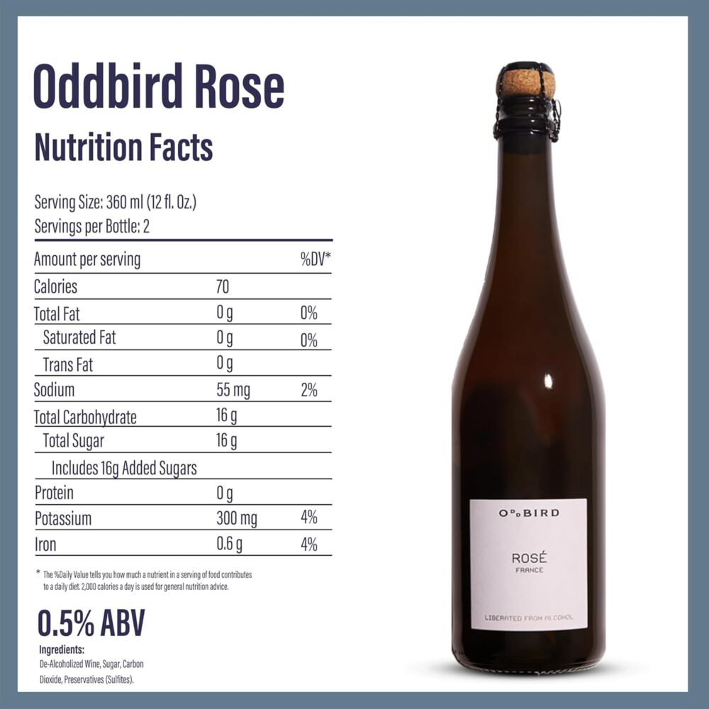 Nutrition label for Oddbird Sparkling Rosé showing 70 calories per serving, 0.5% ABV, and 16g sugar, with bottle image included.