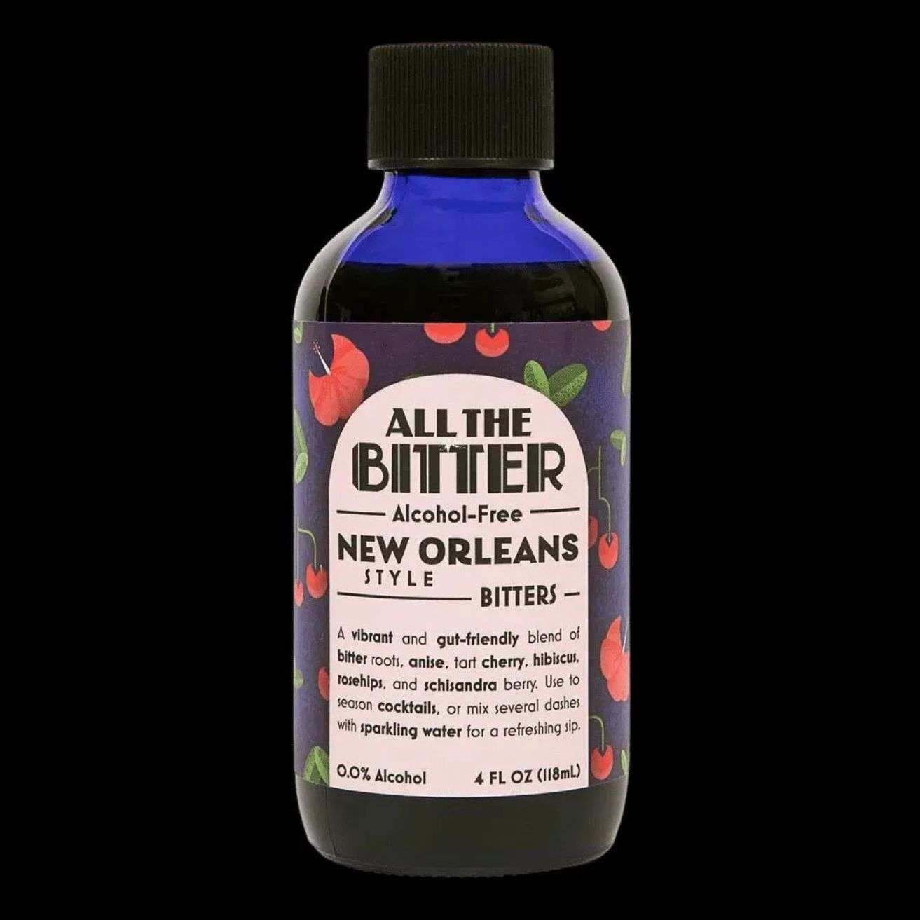 All The Bitter New Orleans Alcohol-Free Bitters bottle with cherry and floral label design