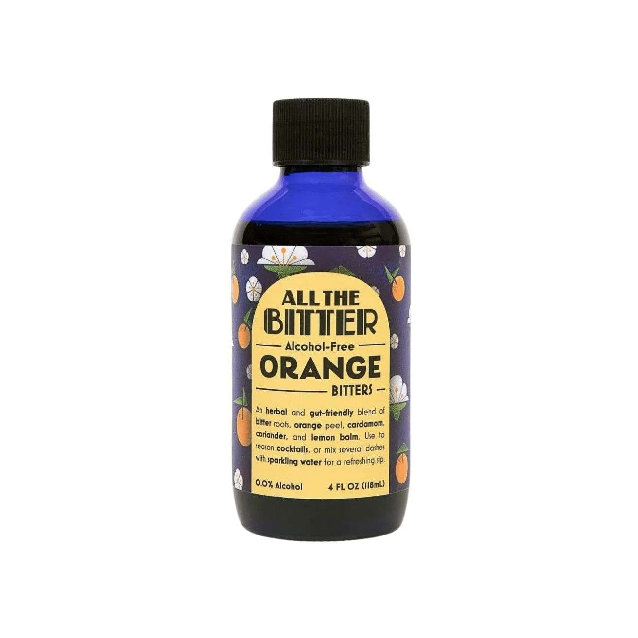 Single bottle of All The Bitter Orange non-alcoholic bitters, alcohol-free with orange peel, cardamom, coriander, and lemon balm.