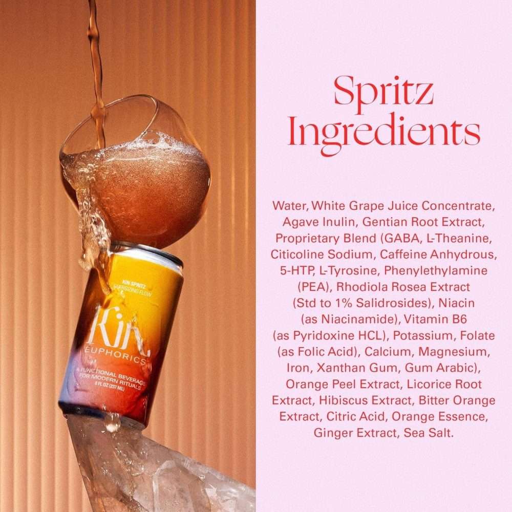 Kin Euphorics Spritz can with overflowing drink, next to detailed ingredients list in red text.