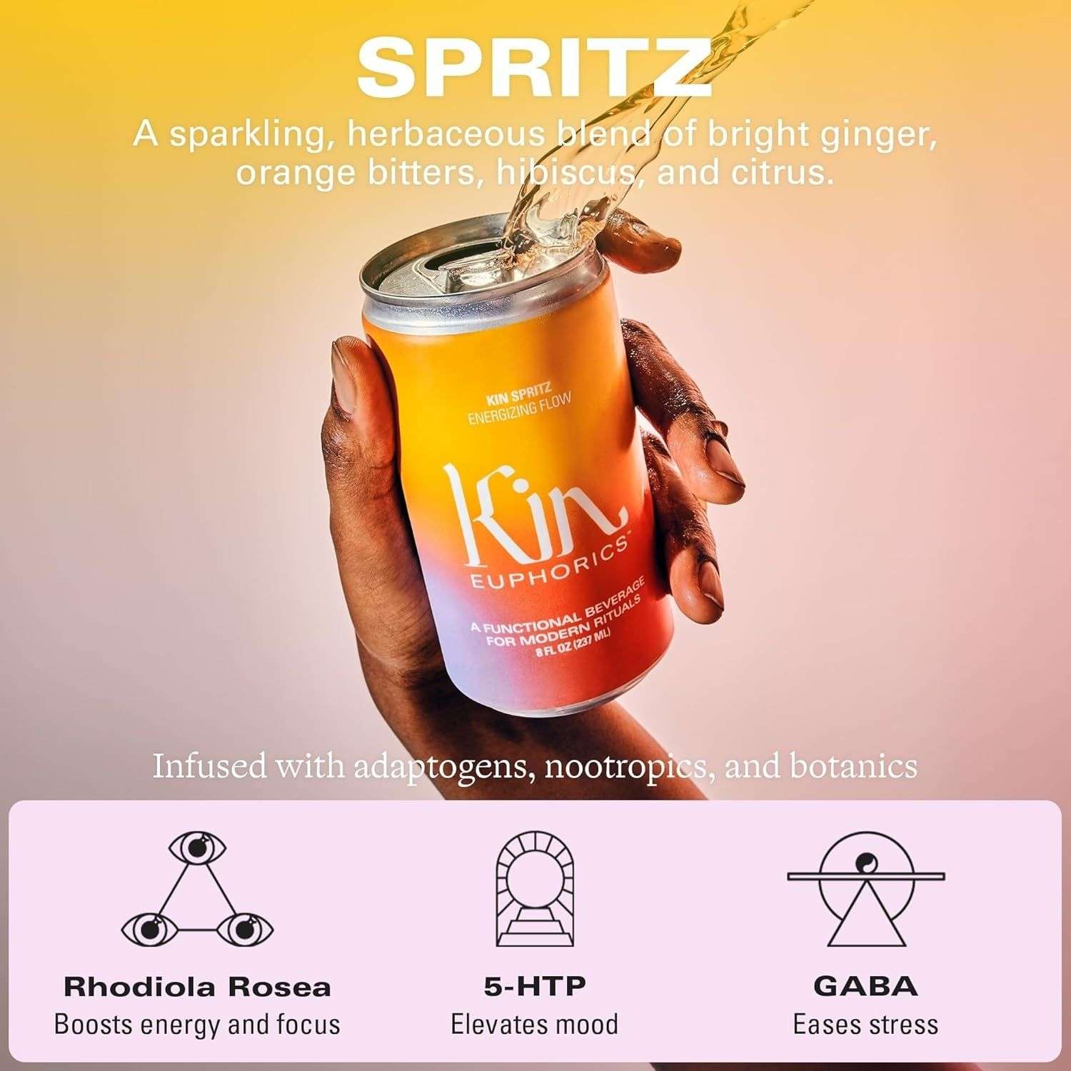 Hand pouring Kin Spritz can with adaptogen and nootropic highlights