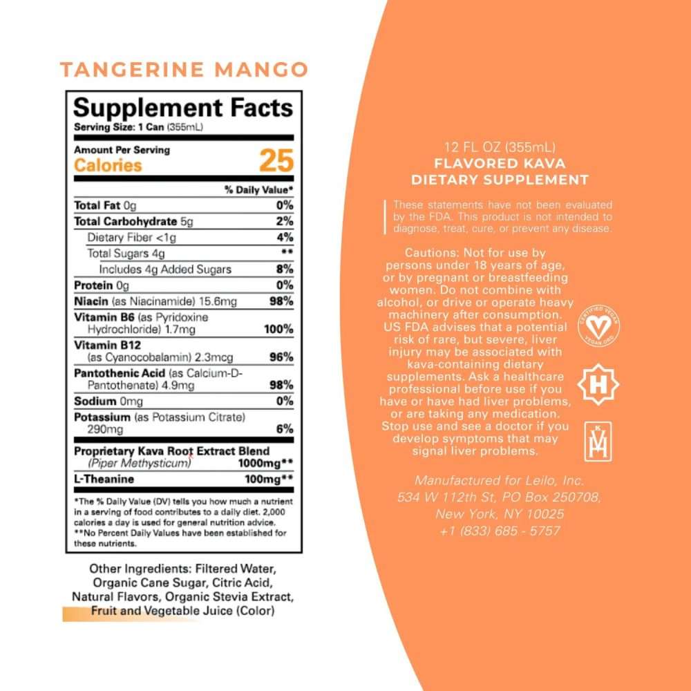 Supplement facts and ingredients label for Leilo Tangerine Mango Kava relaxation drink.