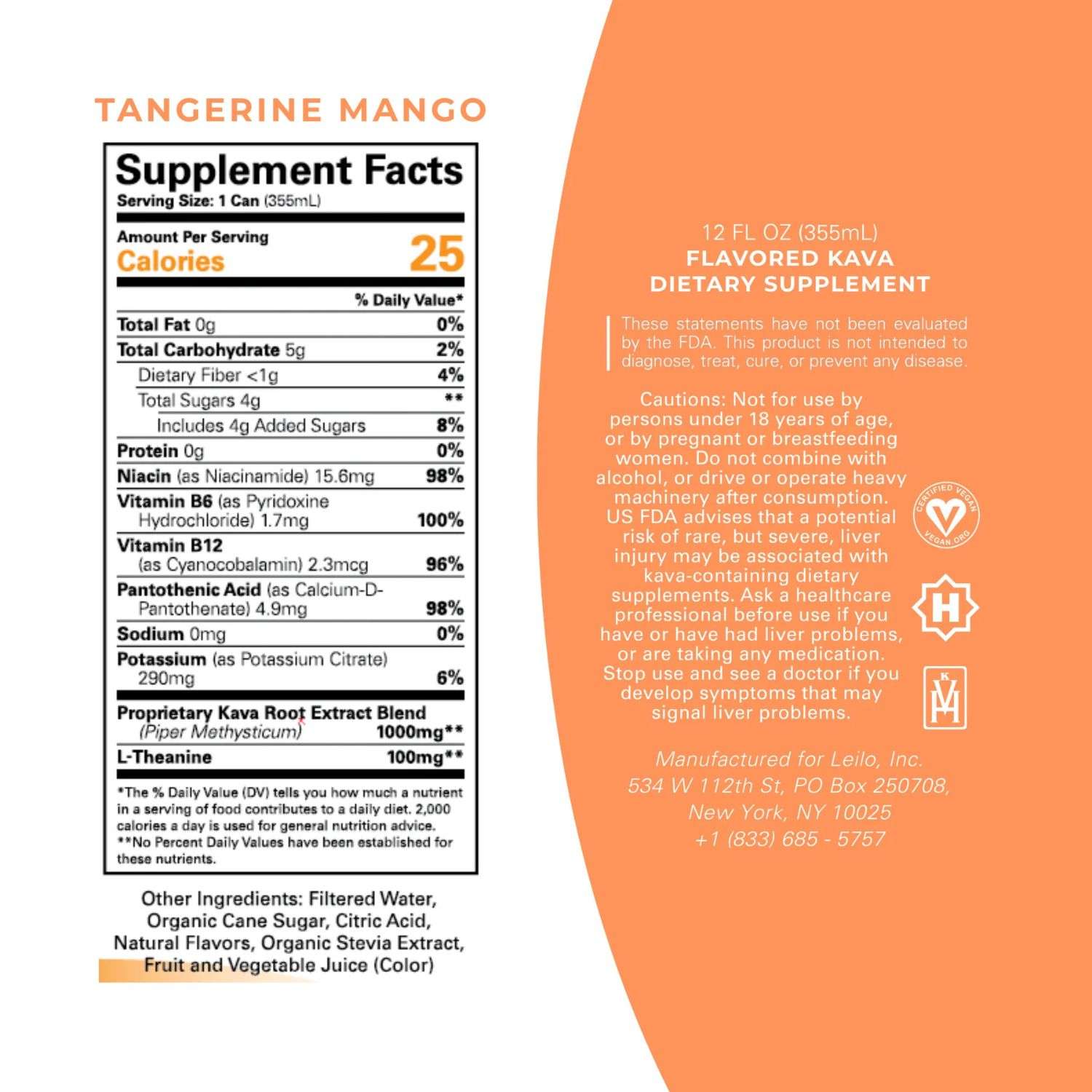 Supplement facts and ingredients label for Leilo Tangerine Mango Kava relaxation drink.