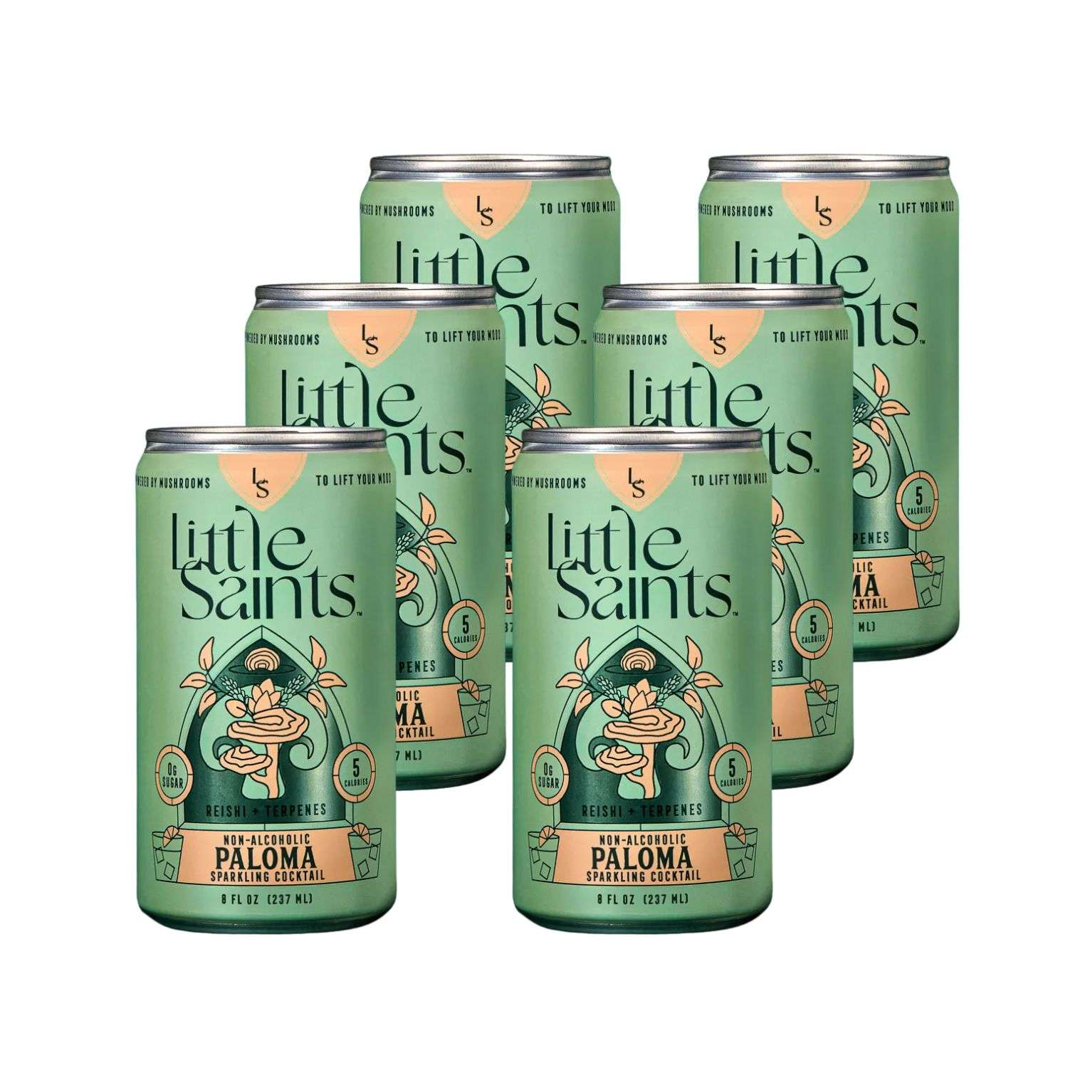 Six cans of Little Saints Paloma Non-Alcoholic Sparkling Cocktail 8oz arranged in two rows