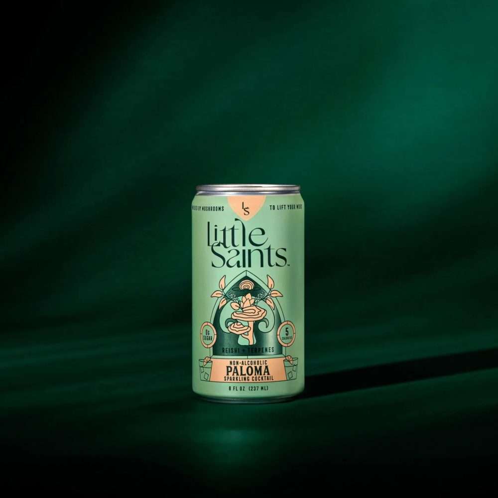 Little Saints Paloma Non-Alcoholic Sparkling Cocktail can with green backdrop