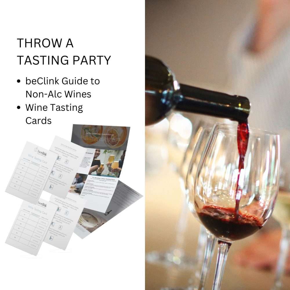 Non alcoholic wine tasting party featuring red wine pour and BeClink wine tasting cards
