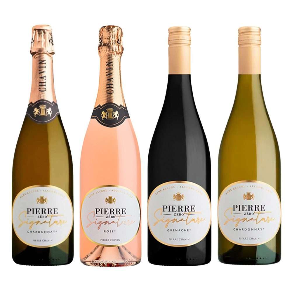 Pierre Zero Signature non alcoholic wine sampler featuring chardonnay, rosé, grenache, and white wine