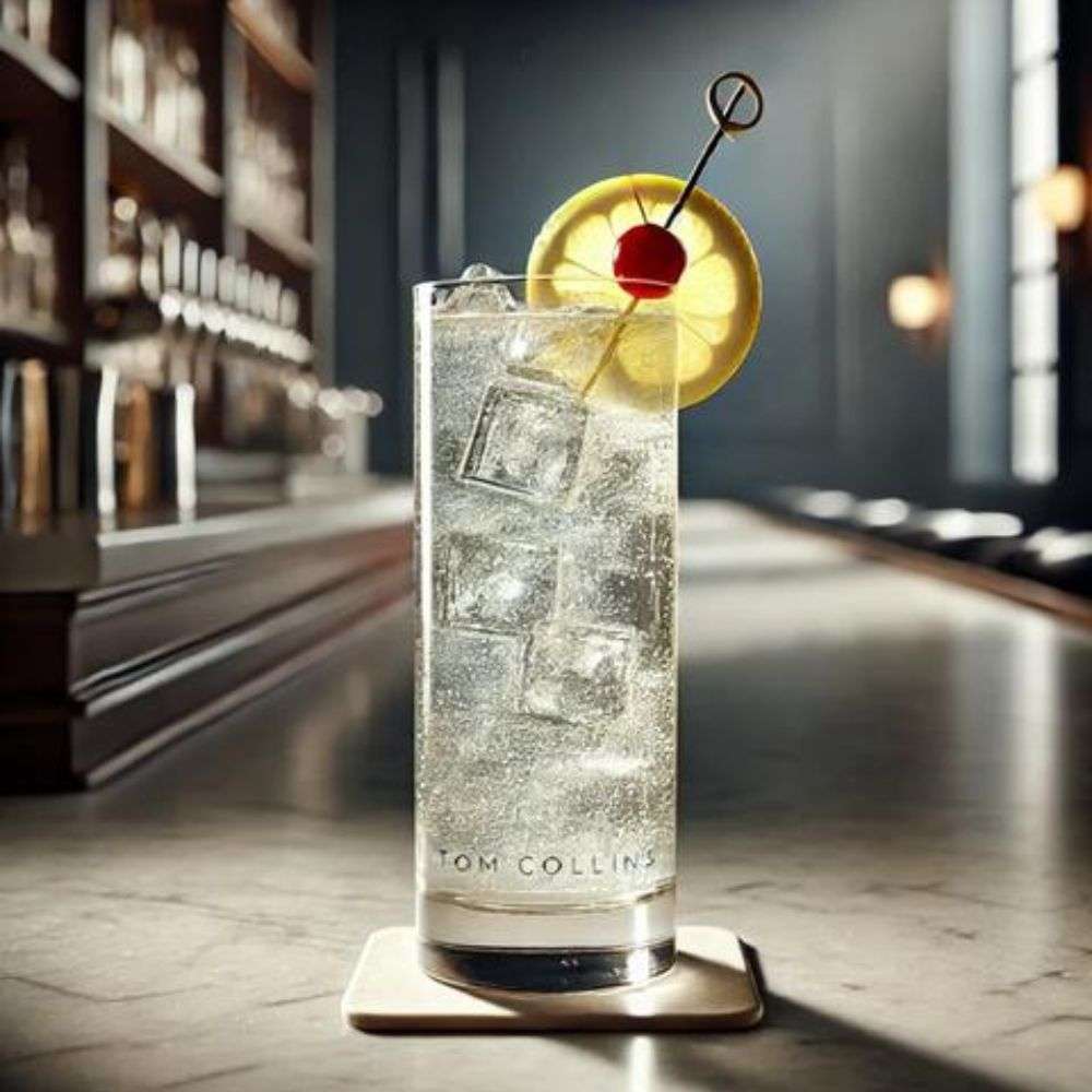 Non-alcoholic Tom Collins cocktail with sparkling citrus, ice cubes, lemon slice, and cherry garnish in a highball glass