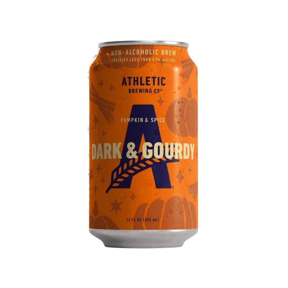 Athletic Brewing Dark & Gourdy pumpkin and spice non-alcoholic brew, 12 fl oz orange can with a navy A and pumpkin and cinnamon motifs