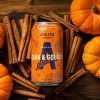 Can of Athletic Brewing Dark & Gourdy non-alcoholic brew lying on dark wood, framed by cinnamon sticks and small pumpkins