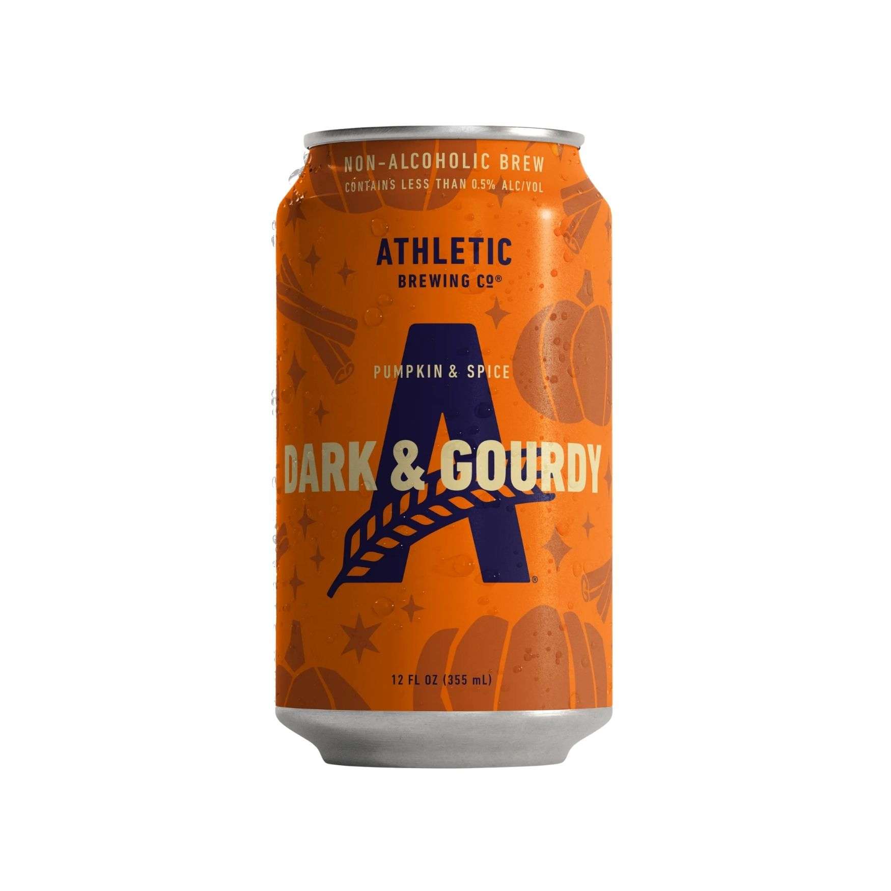 Athletic Brewing Dark & Gourdy pumpkin and spice non-alcoholic brew, 12 fl oz orange can with a navy A and pumpkin and cinnamon motifs