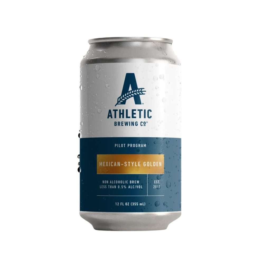 Athletic Brewing Mexican-Style Golden non-alcoholic brew, 12 fl oz Pilot Program can in white and slate blue with a gold flavor panel