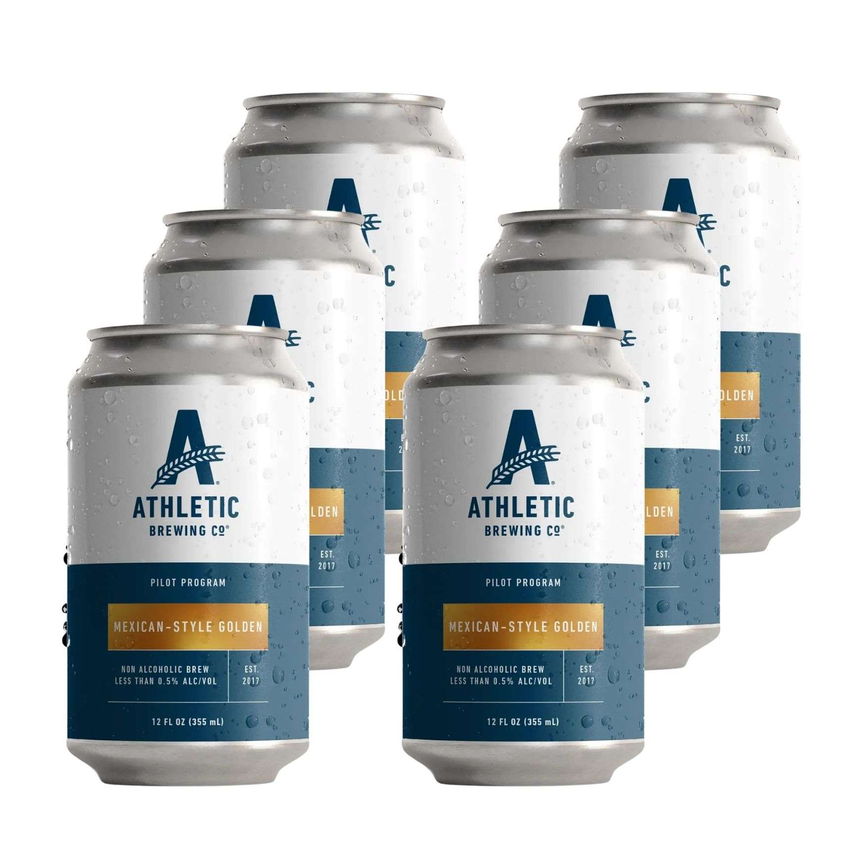 Six 12 fl oz cans of Athletic Brewing Mexican-Style Golden non-alcoholic brew in white and slate blue Pilot Program livery