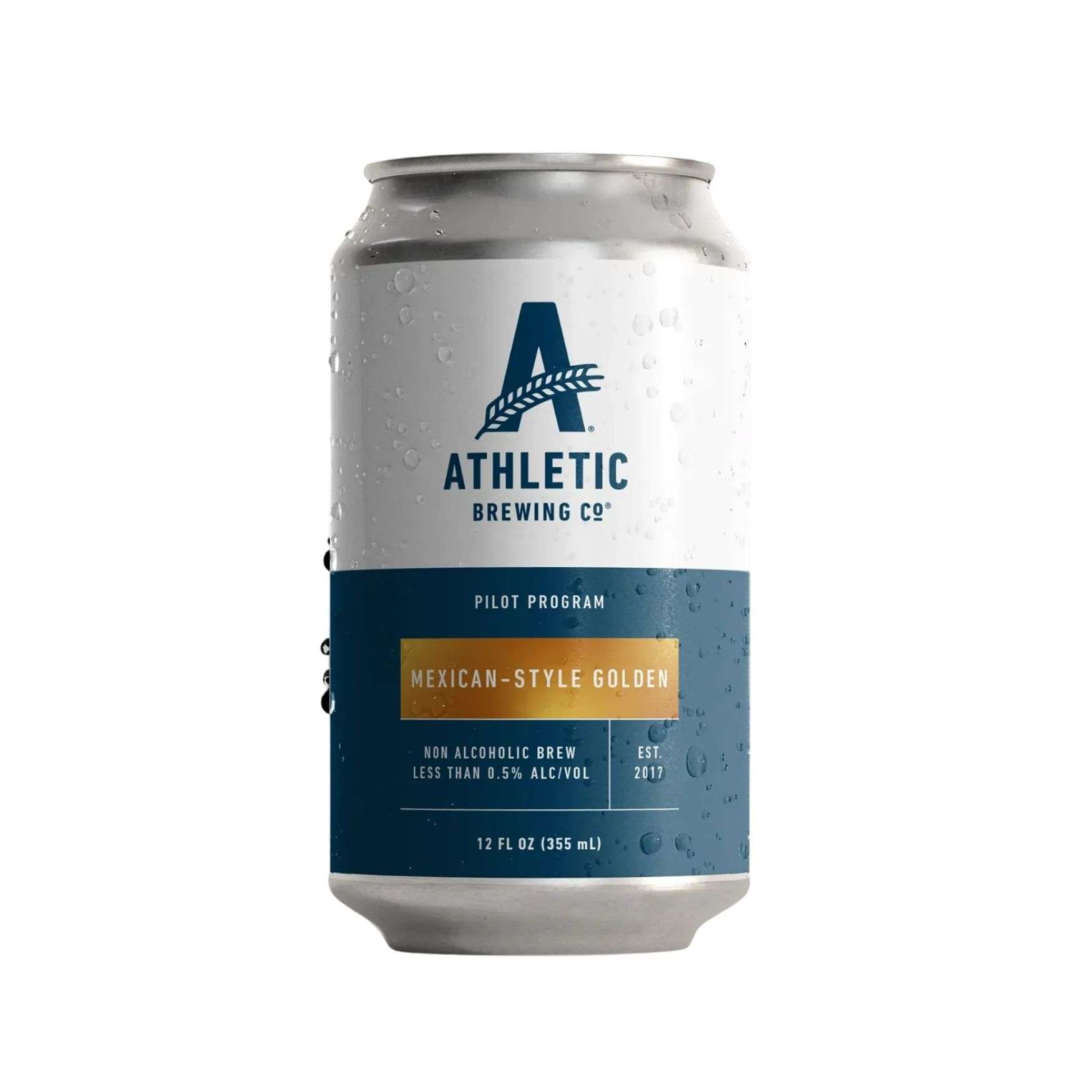 Athletic Brewing Mexican-Style Golden non-alcoholic brew, 12 fl oz Pilot Program can in white and slate blue with a gold flavor panel