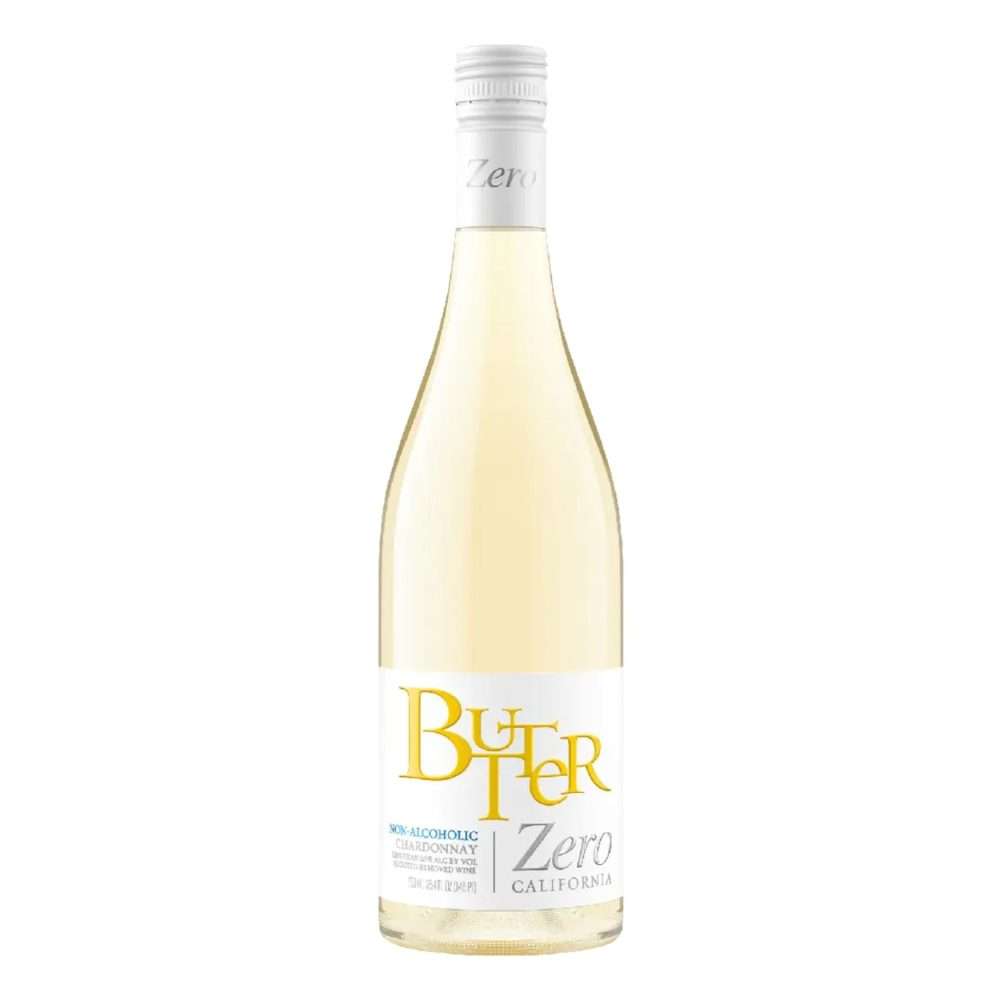 Butter Zero non-alcoholic California Chardonnay, 750 mL bottle of pale straw wine with a white label, gold Butter script, and white Zero capsule