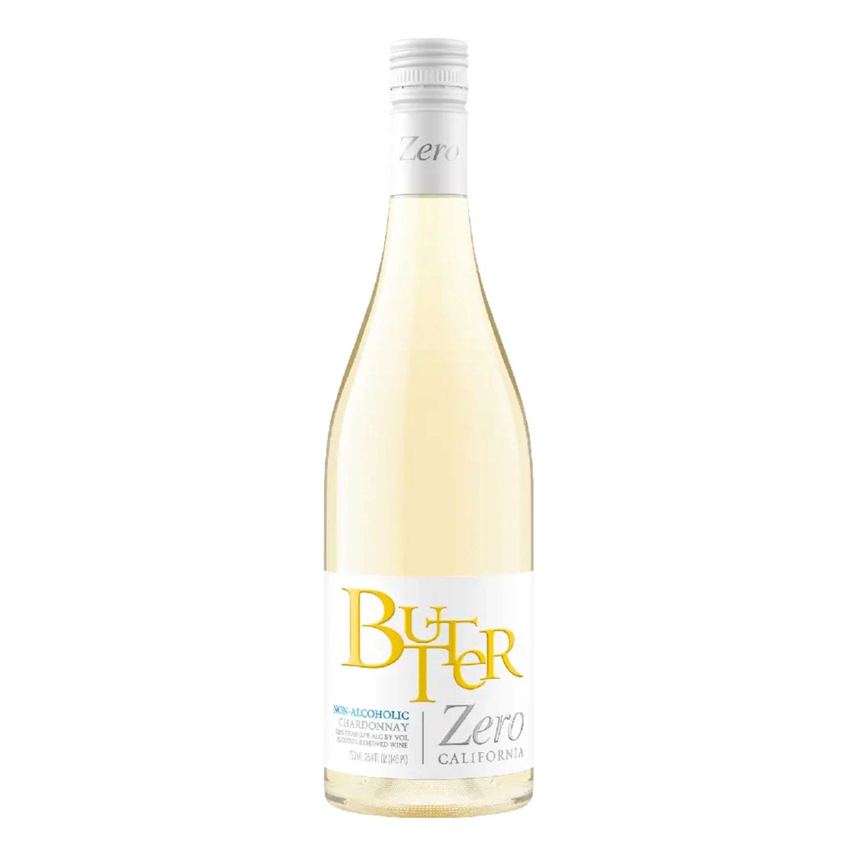 Butter Zero non-alcoholic California Chardonnay, 750 mL bottle of pale straw wine with a white label, gold Butter script, and white Zero capsule