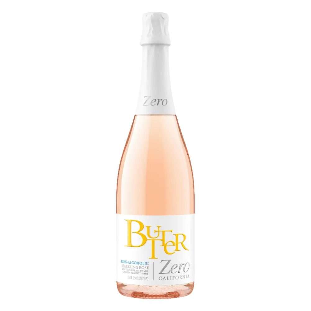 Butter Zero non-alcoholic California Sparkling Rosé, 750 mL bottle of peach-pink wine with a white foil capsule and gold Butter script