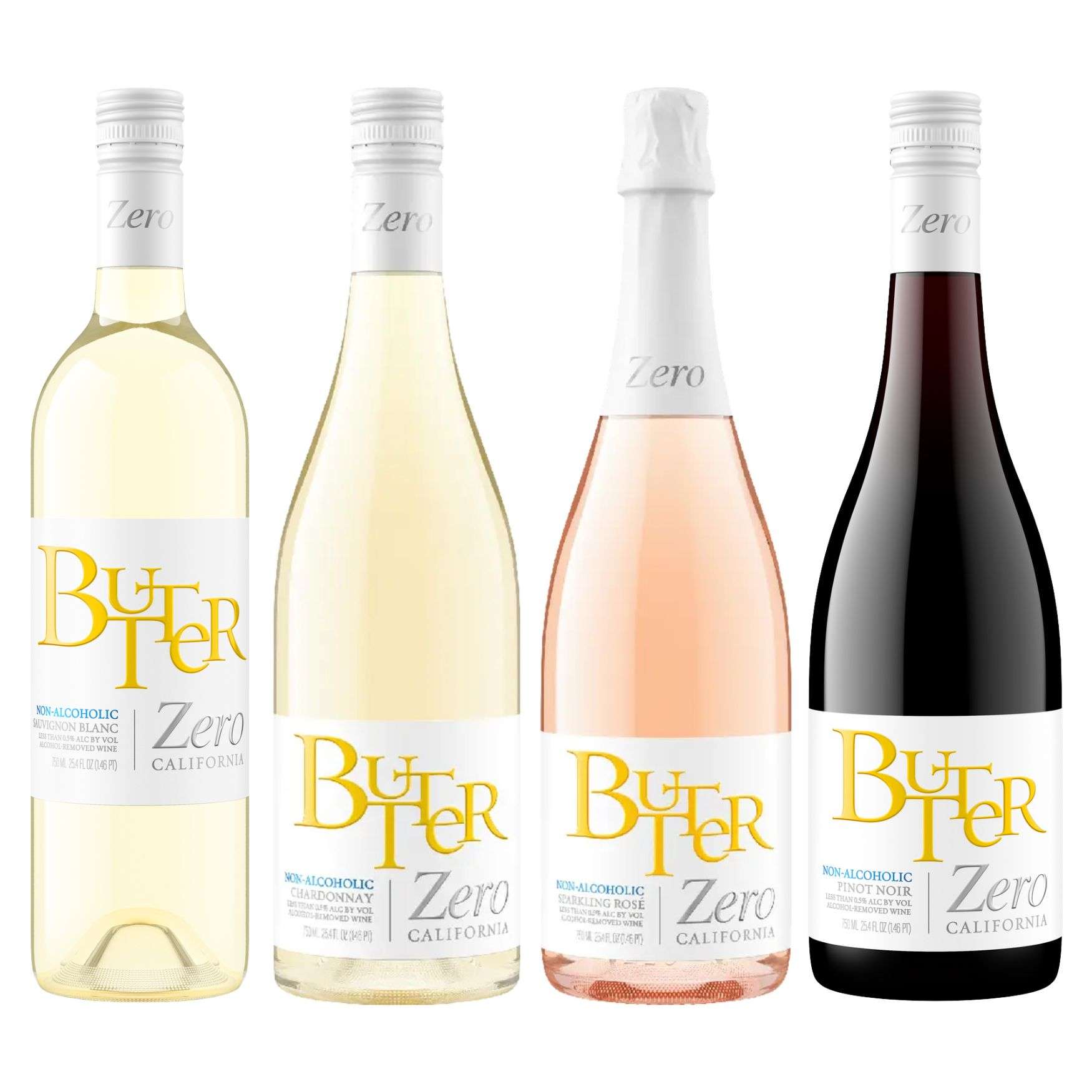 Butter Zero non-alcoholic wine bundle with one 750 mL bottle each of Sauvignon Blanc, Chardonnay, Sparkling Rosé, and Pinot Noir