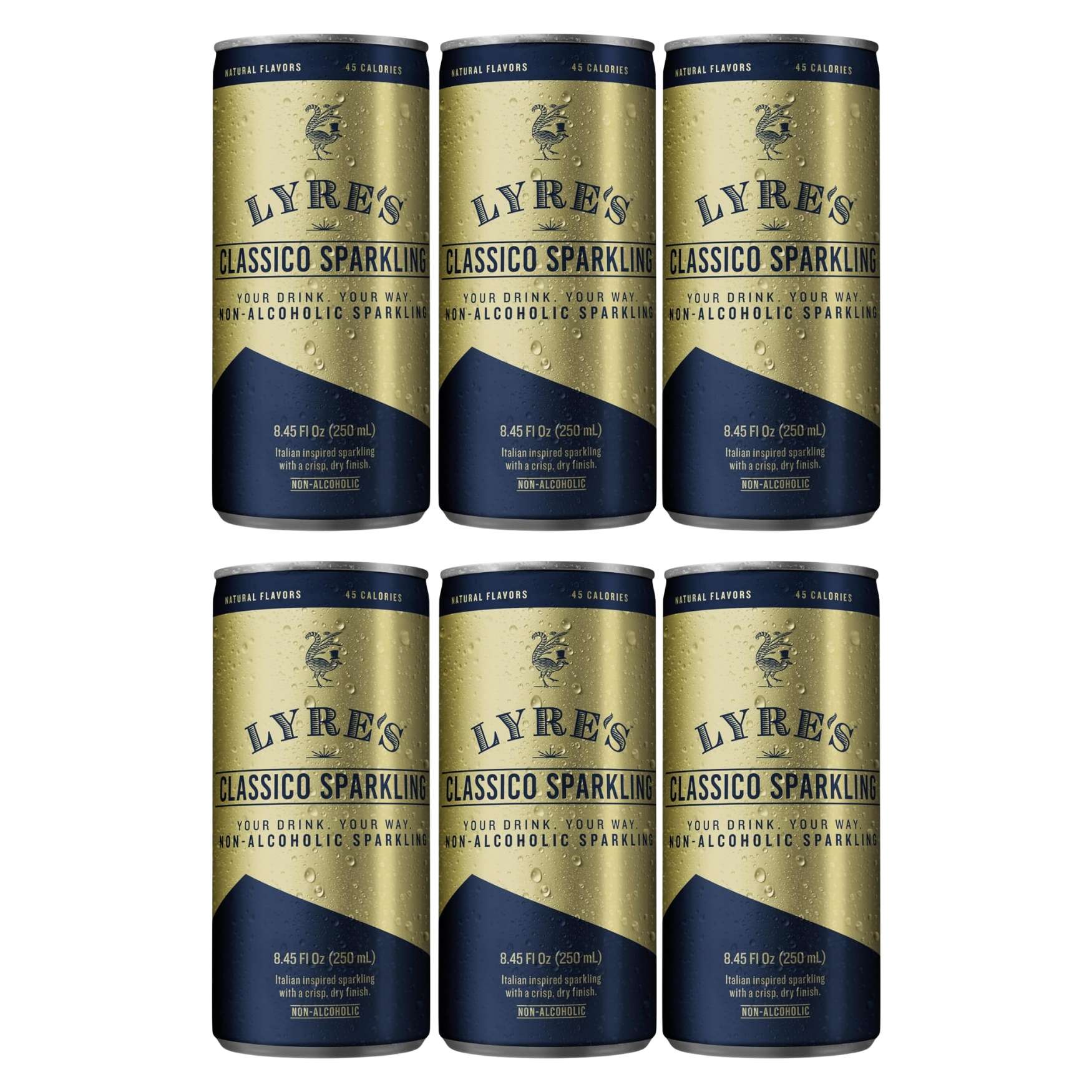 Six-pack of Lyre's Classico Sparkling non-alcoholic sparkling cans, 8.45 fl oz each, in gold and navy with a chilled, condensation-covered finish