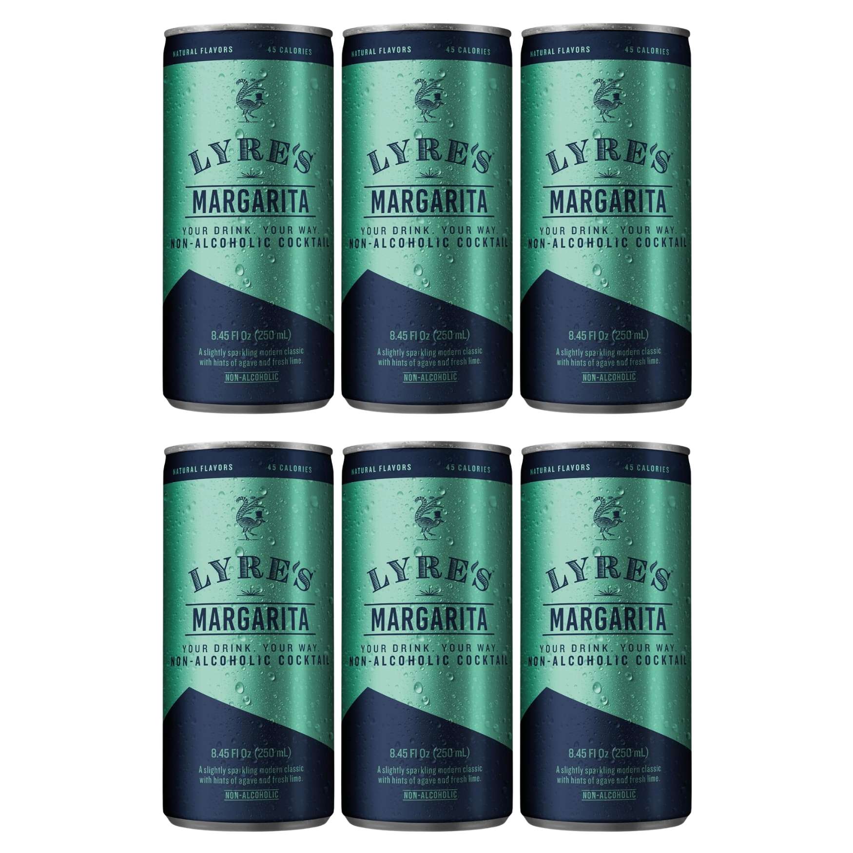 Six-pack of Lyre's Margarita non-alcoholic cocktail cans, 8.45 fl oz each, in green and navy with a chilled, condensation-covered finish