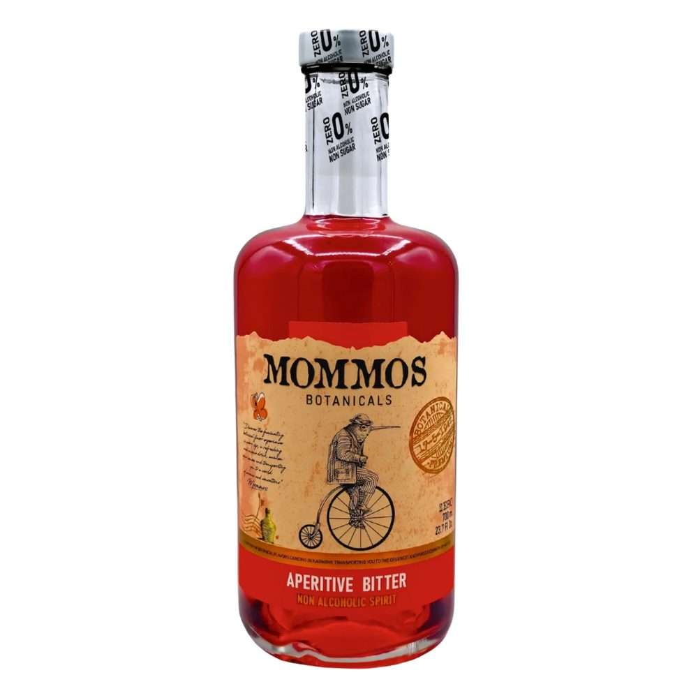 Mommos Botanicals Aperitive Bitter, a bright red bitter aperitif non-alcoholic spirit in a 700 mL bottle