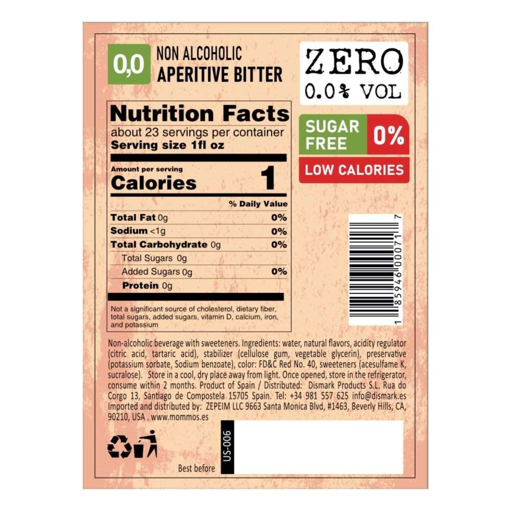 Nutrition facts panel for Mommos Botanicals Aperitive Bitter: 1 calorie and 0 g sugar per 1 fl oz serving, 23 servings per bottle