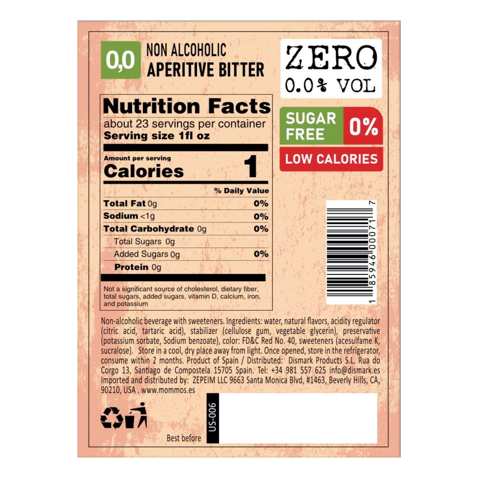 Nutrition facts panel for Mommos Botanicals Aperitive Bitter: 1 calorie and 0 g sugar per 1 fl oz serving, 23 servings per bottle
