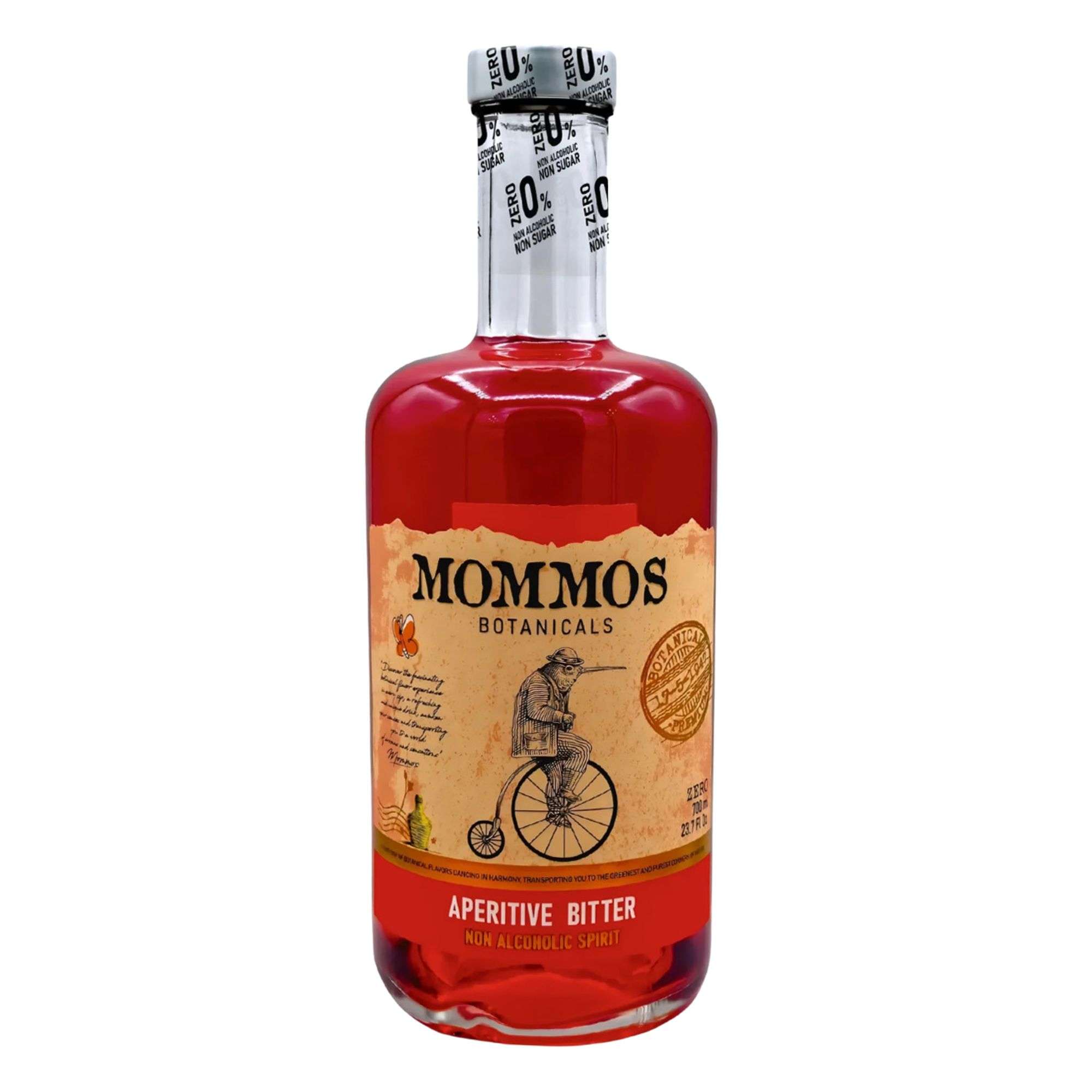 Mommos Botanicals Aperitive Bitter, a bright red bitter aperitif non-alcoholic spirit in a 700 mL bottle
