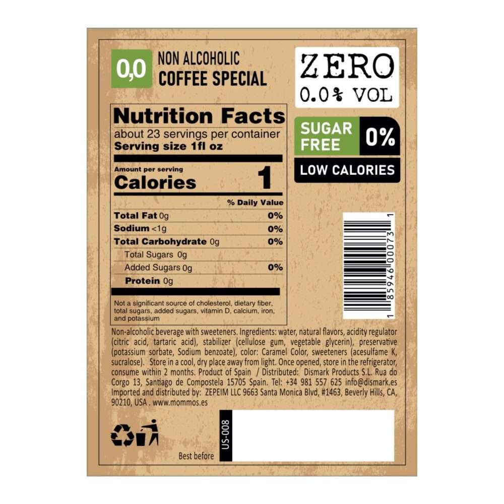 Nutrition facts panel for Mommos Botanicals Coffee Special: 1 calorie and 0 g sugar per 1 fl oz serving, 23 servings per bottle