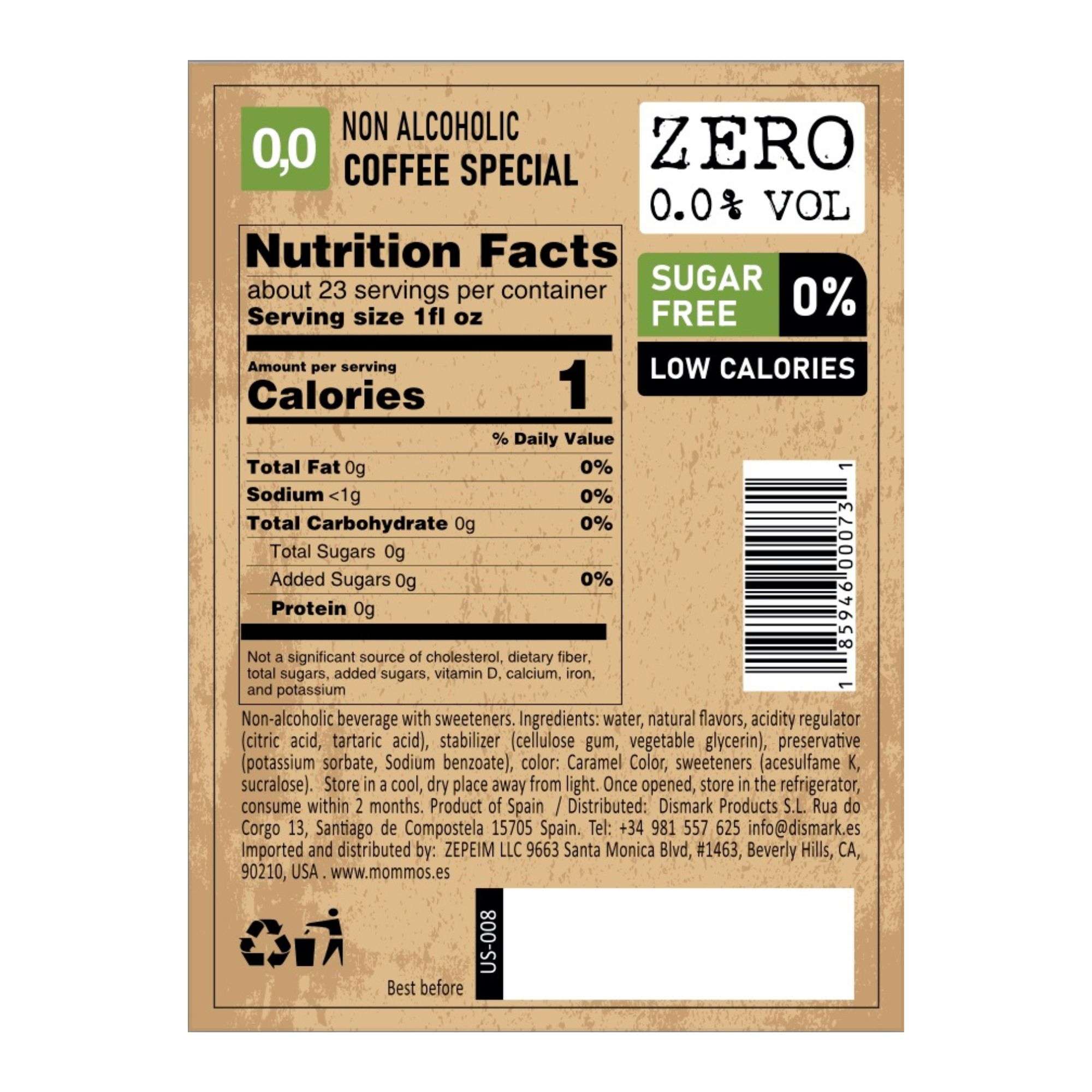 Nutrition facts panel for Mommos Botanicals Coffee Special: 1 calorie and 0 g sugar per 1 fl oz serving, 23 servings per bottle