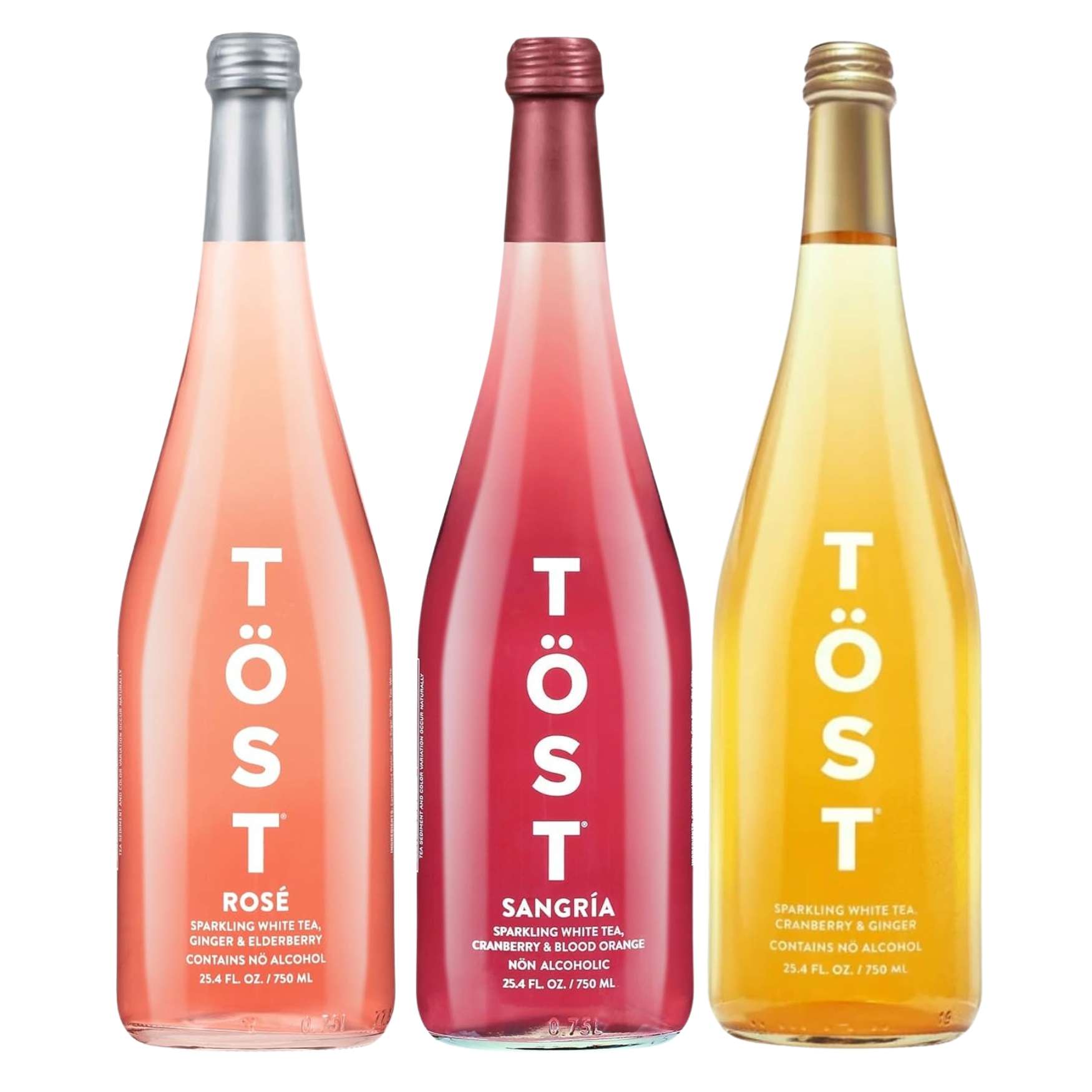 TÖST non-alcoholic sparkling white tea bundle with one 750 mL bottle each of Rosé, Sangría, and Original