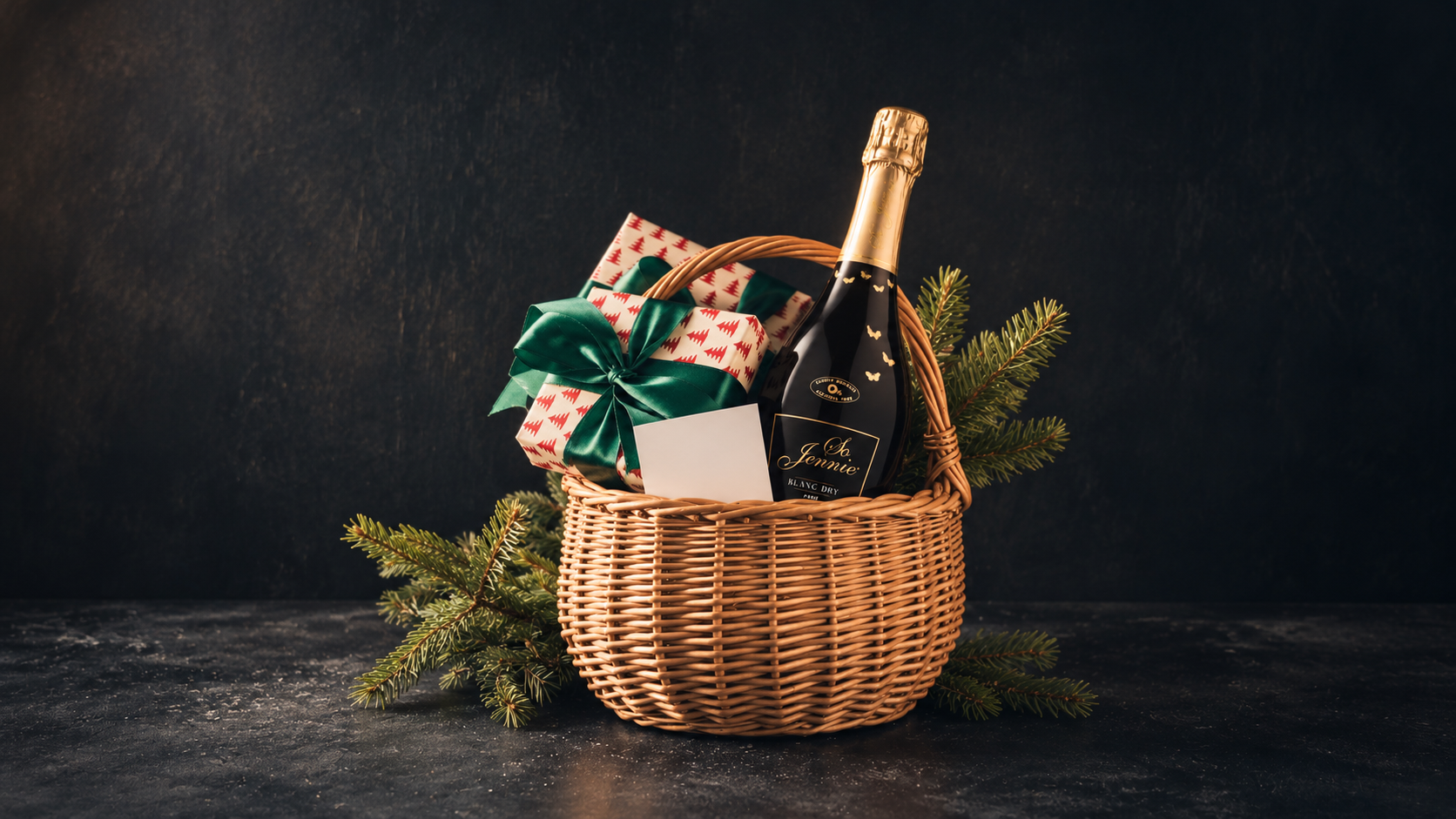 A wicker gift basket with a bottle of So Jennie non-alcoholic sparkling wine, a wrapped gift box with a green ribbon, a small card and fir branches