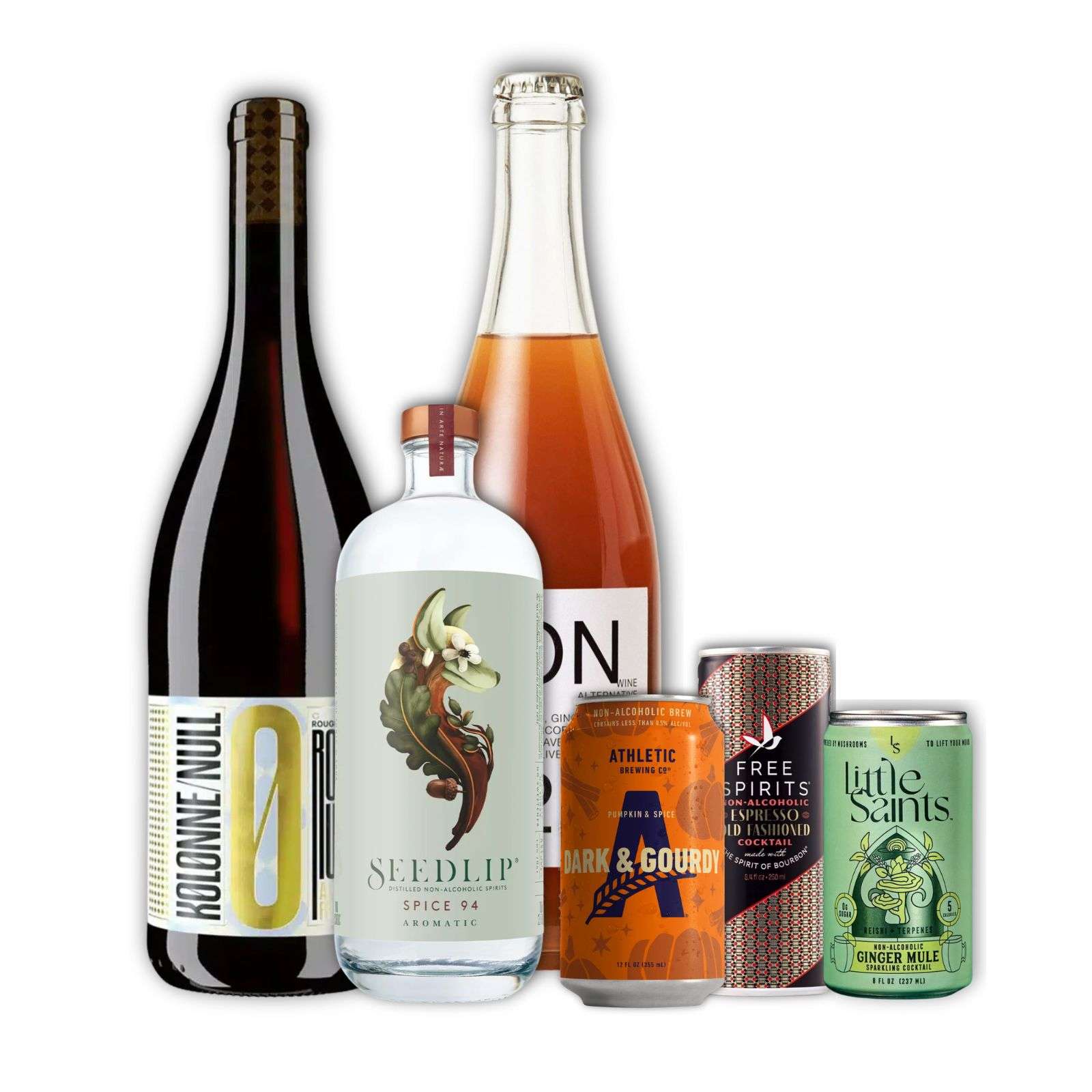 Autumn Box non-alcoholic sampler: Kolonne Null Cuvée Rouge, Seedlip Spice 94, NON 2 Caramelised Pear & Kombu, and single cans of Athletic Brewing Dark & Gourdy pumpkin ale, Free Spirits Espresso Old Fashioned and Little Saints Ginger Mule