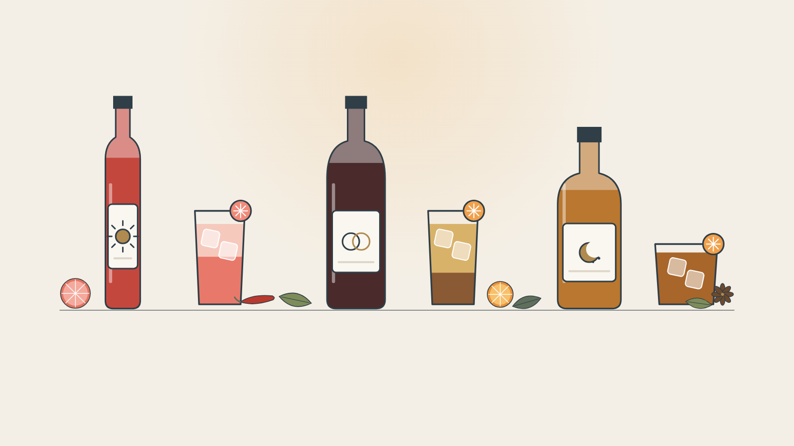 Illustration of three unlabeled bottles, red, dark and amber, each beside its drink: a long pink drink with grapefruit, a ginger highball with orange, and a short amber pour.